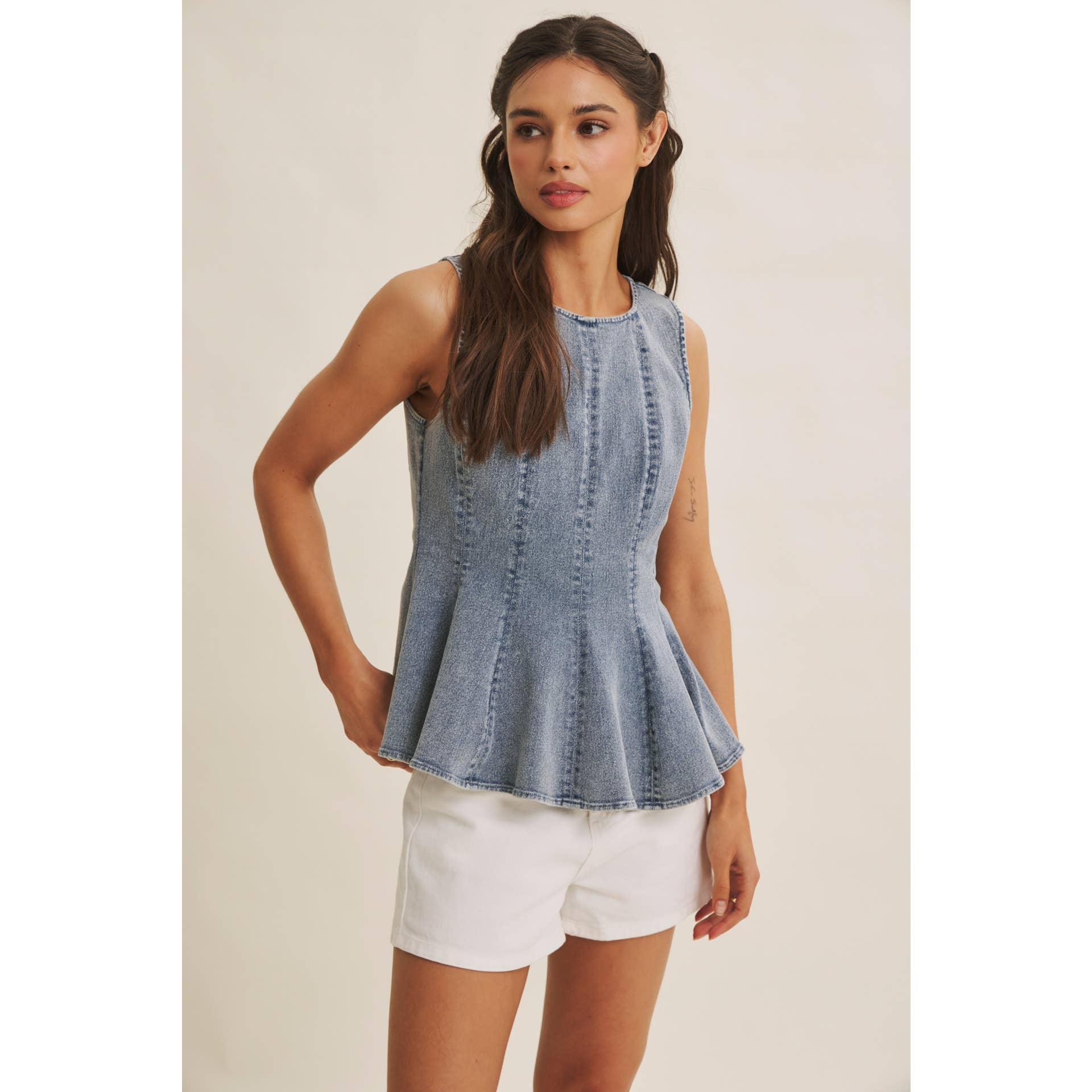 MINERAL-WASHED DENIM PEPLUM TOP