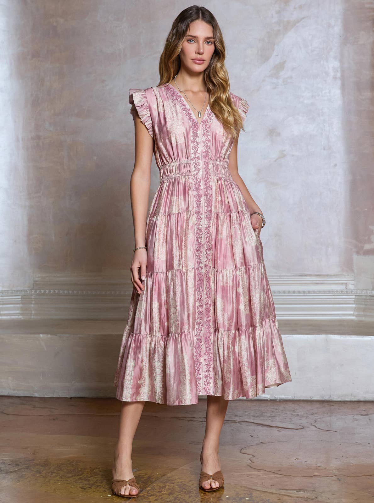 Embroidered Tiered Midi Dress