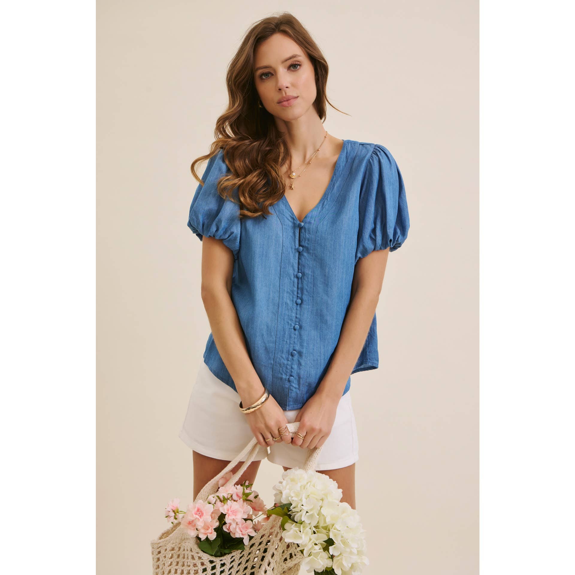 DENIM BUBBLE-SLEEVES TOP