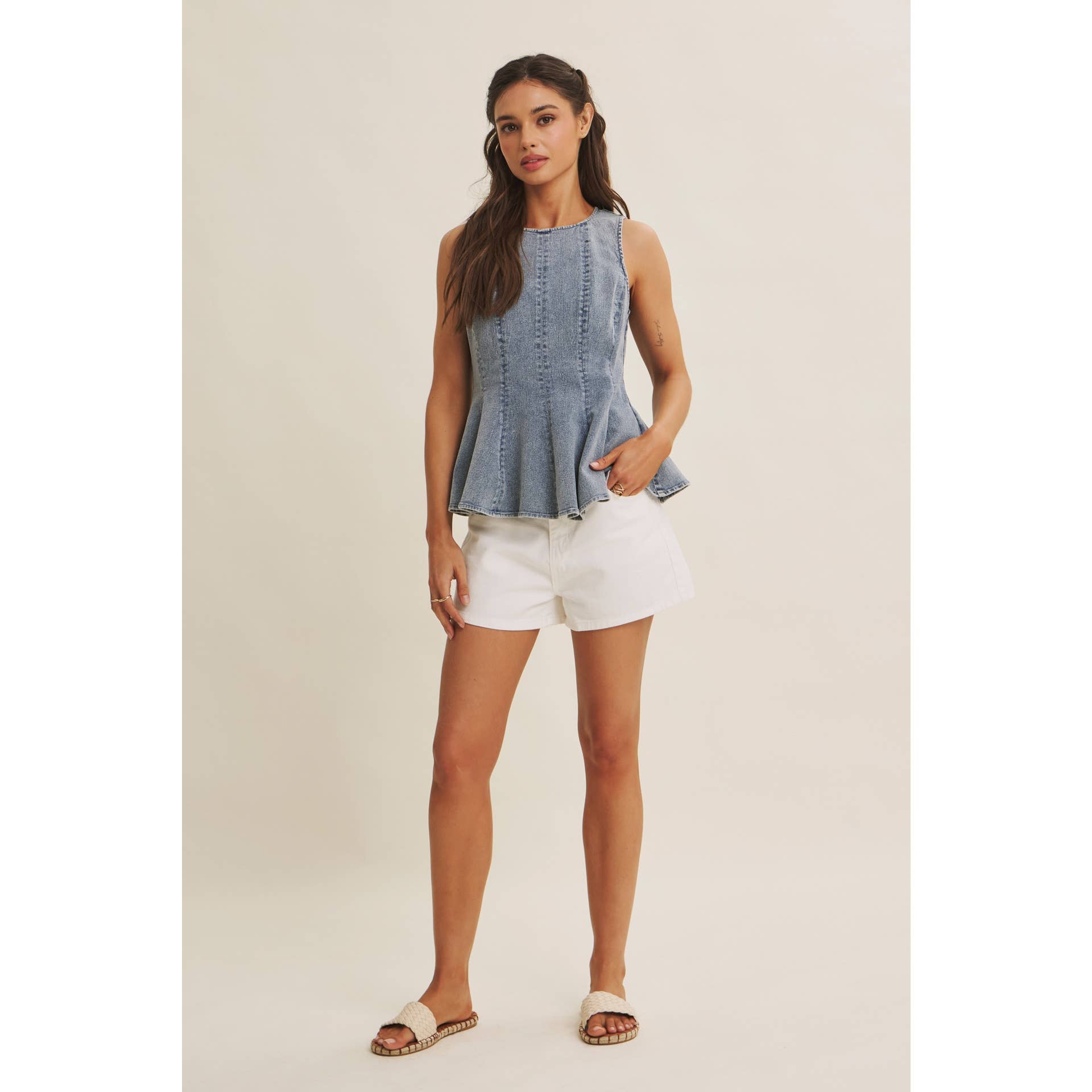 MINERAL-WASHED DENIM PEPLUM TOP