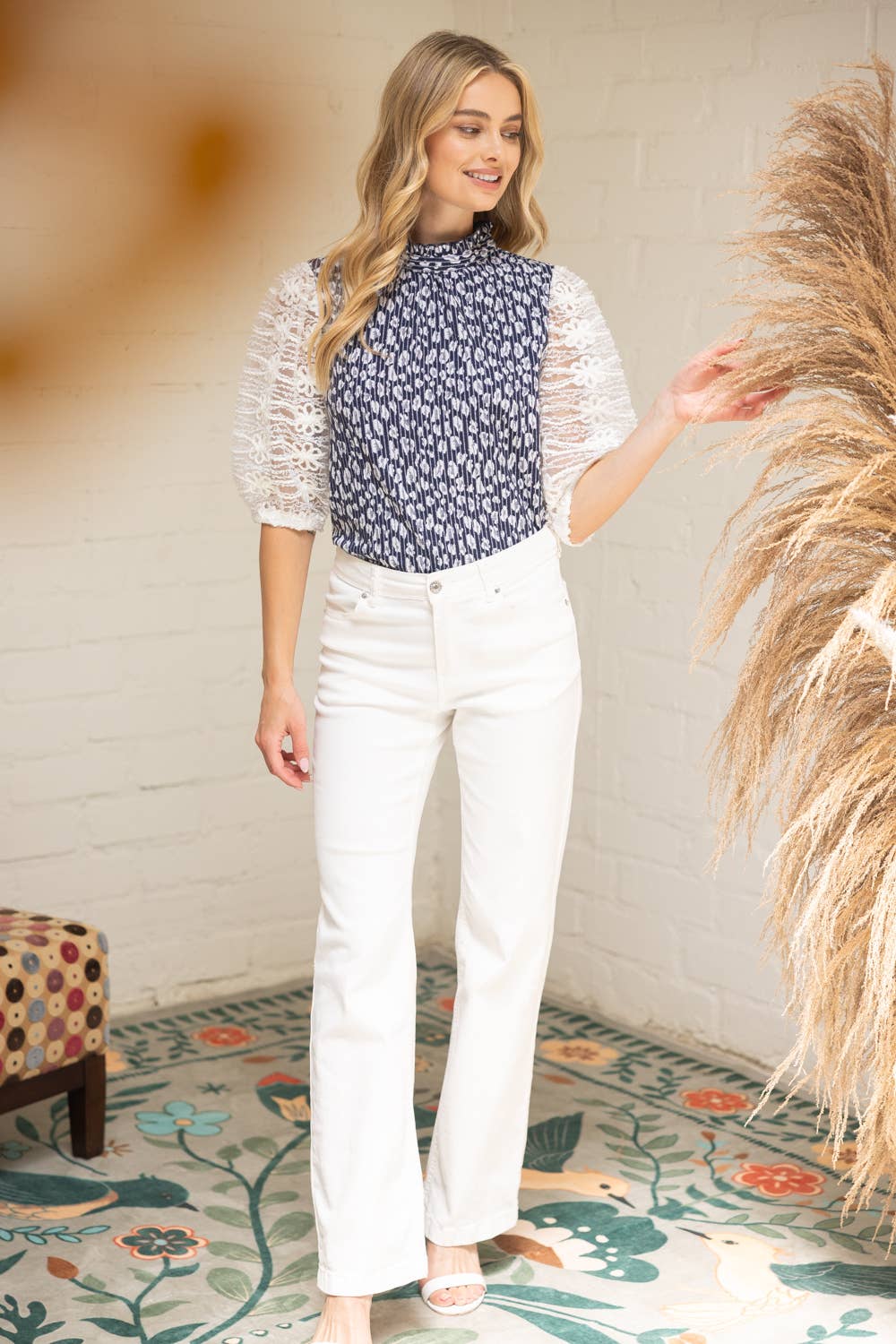 Lace Sleeve Animal Print Top