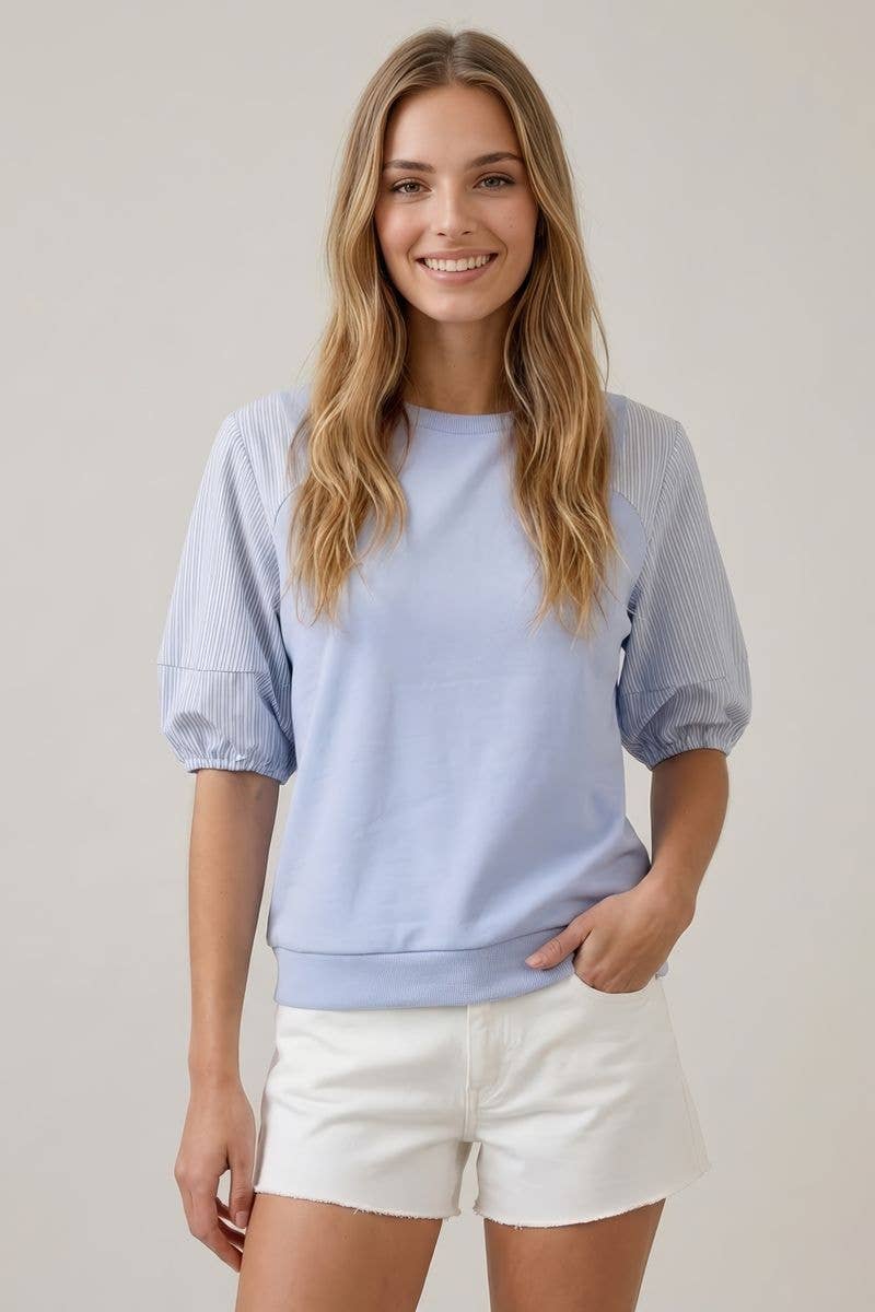 STRIPE CONTRAST MIX PUFF SLEEVE TOP
