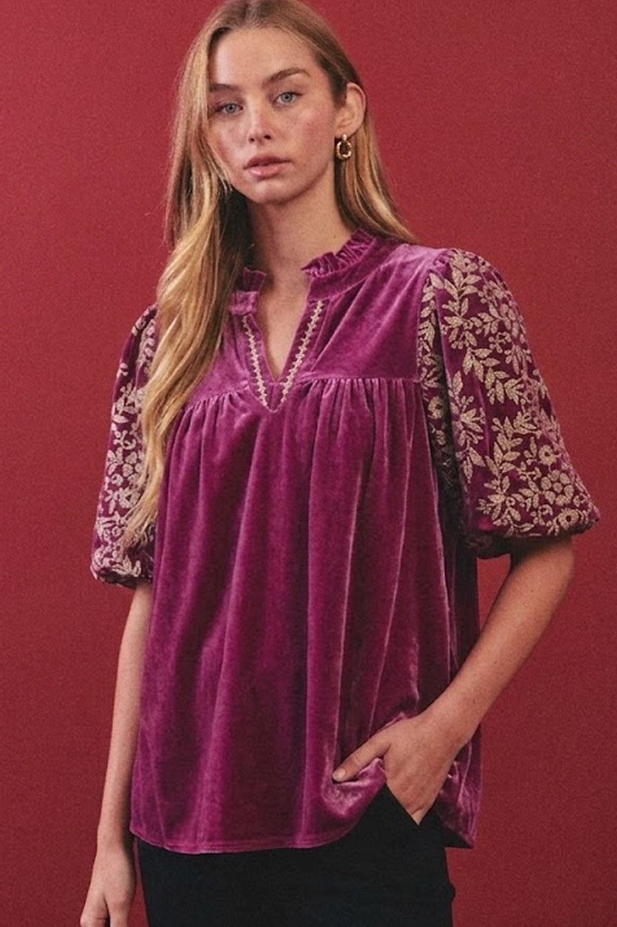 Velvet Blouse Embroidered Sleeve
