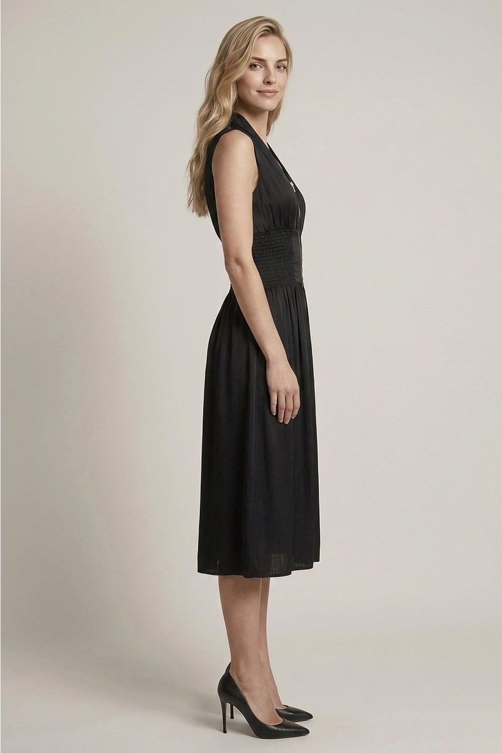 Smocked Waste Front Zip Midi