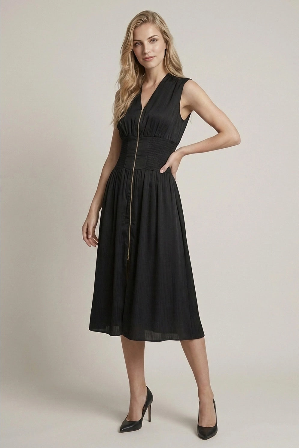 Smocked Waste Front Zip Midi