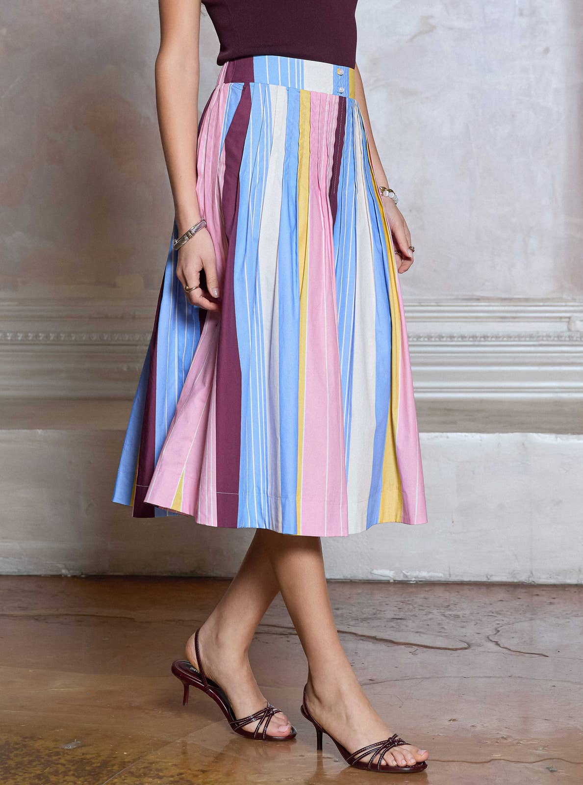 Striped Cotton A-line Midi Skirt