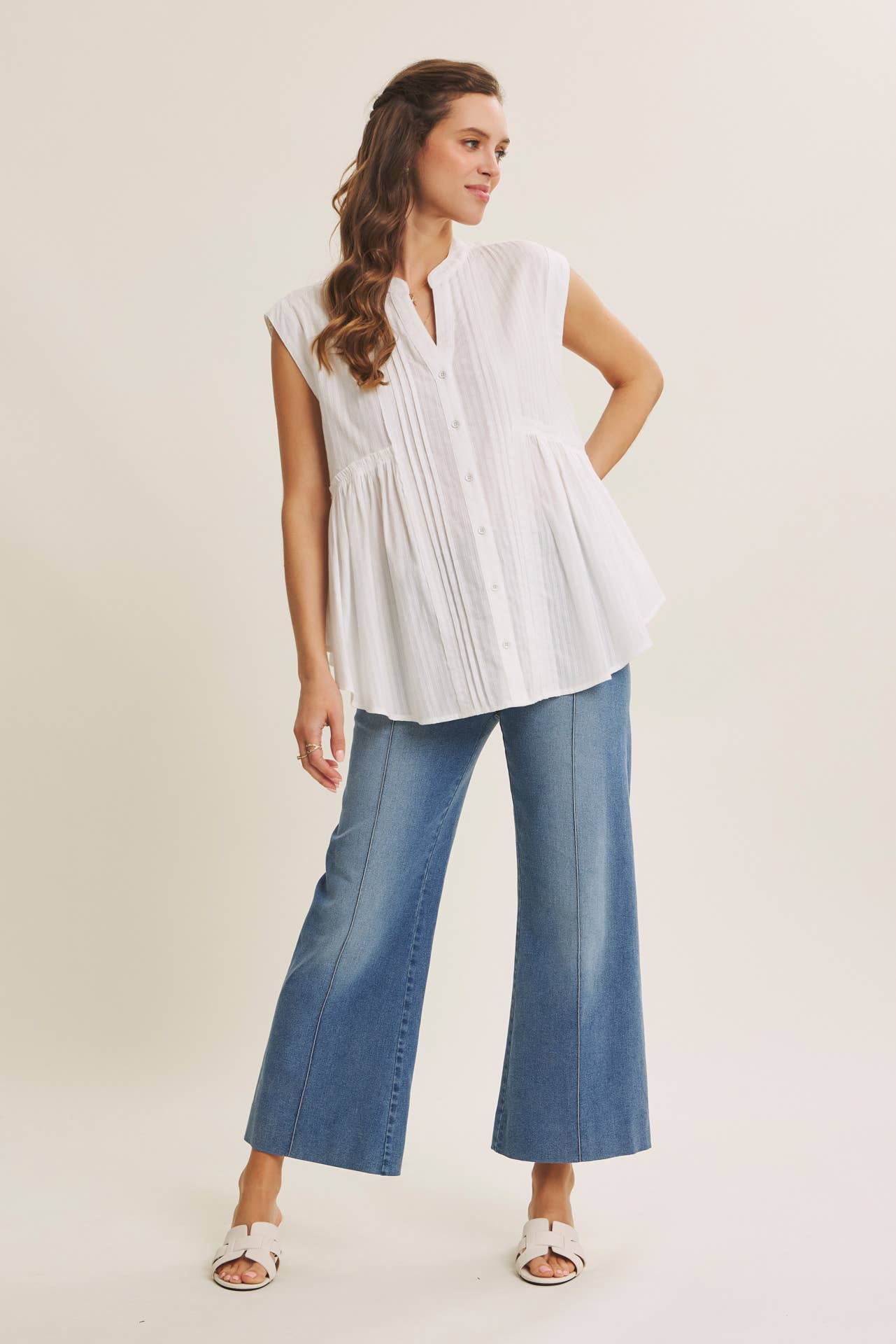 PINTUCK ANKLE LENGTH WIDE-LEG DENIM PANTS