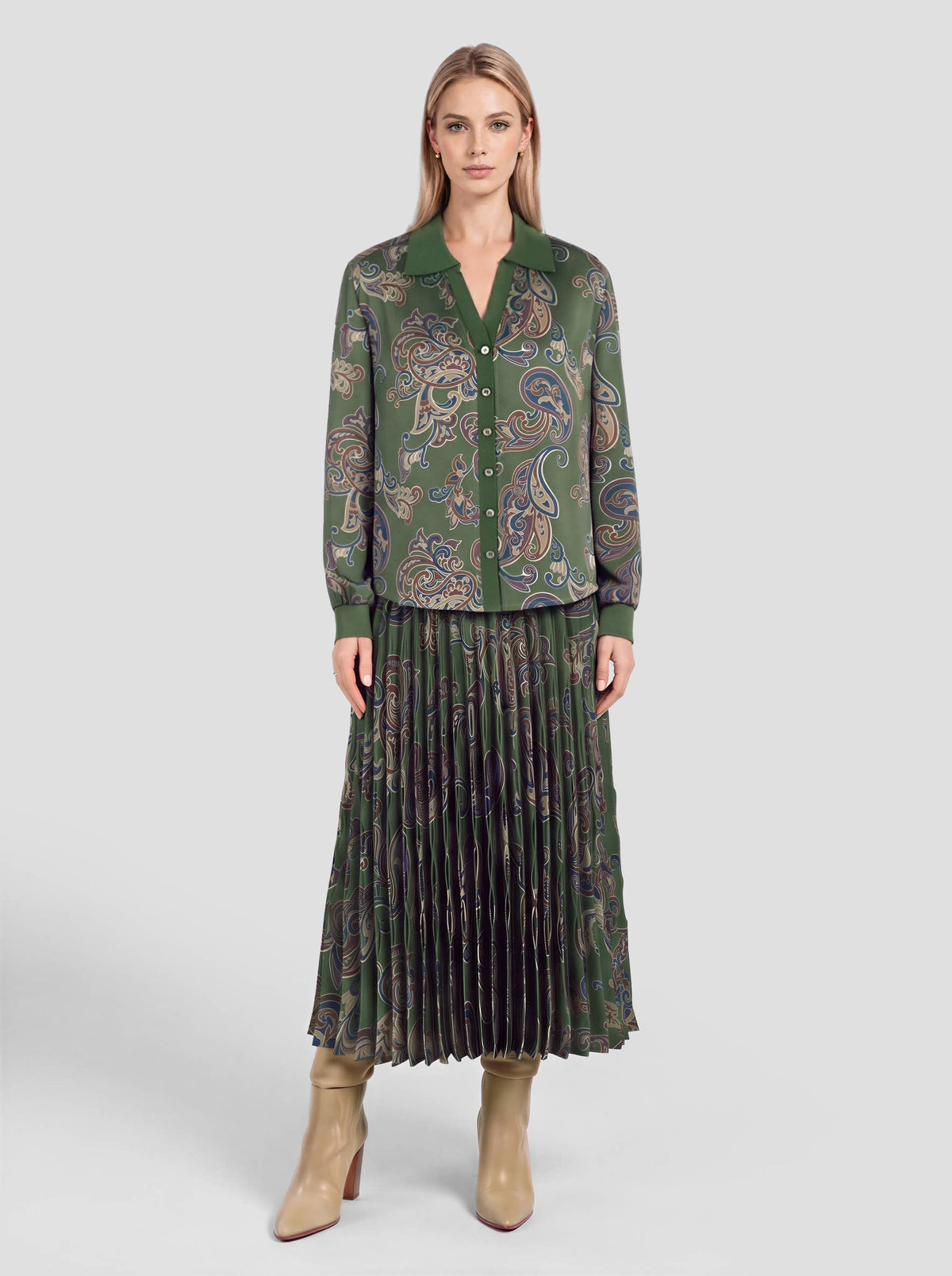 Paisley Pleated Midi Skirt