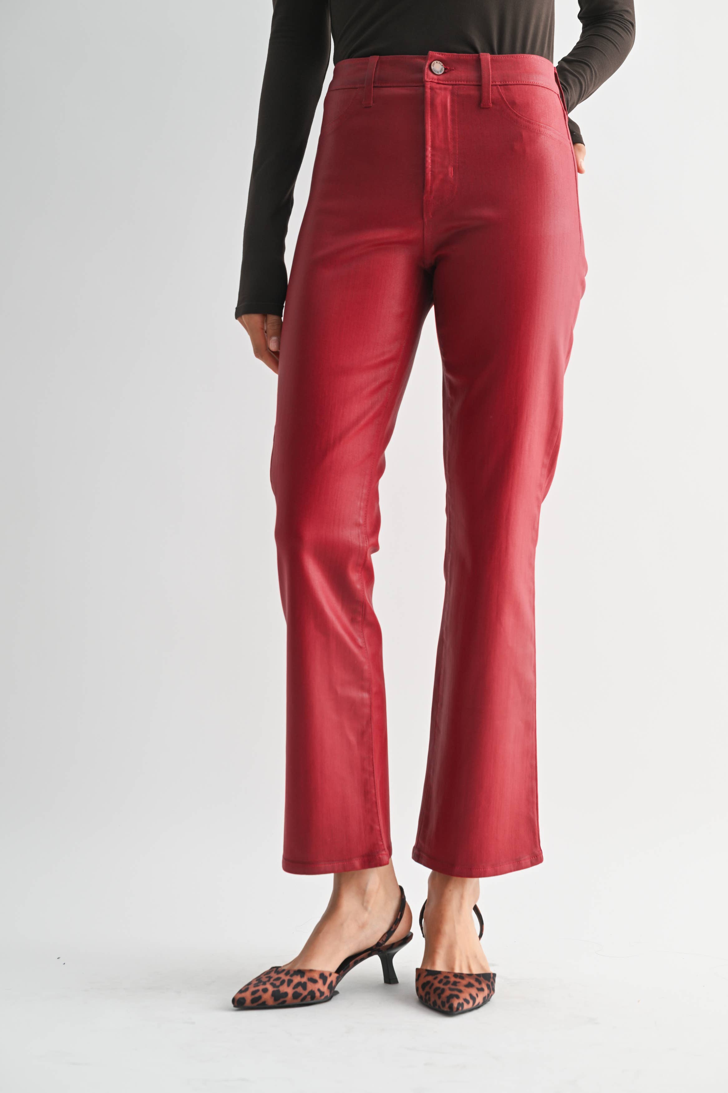 COATED BURGUNDY Slim Cropped Bootcut