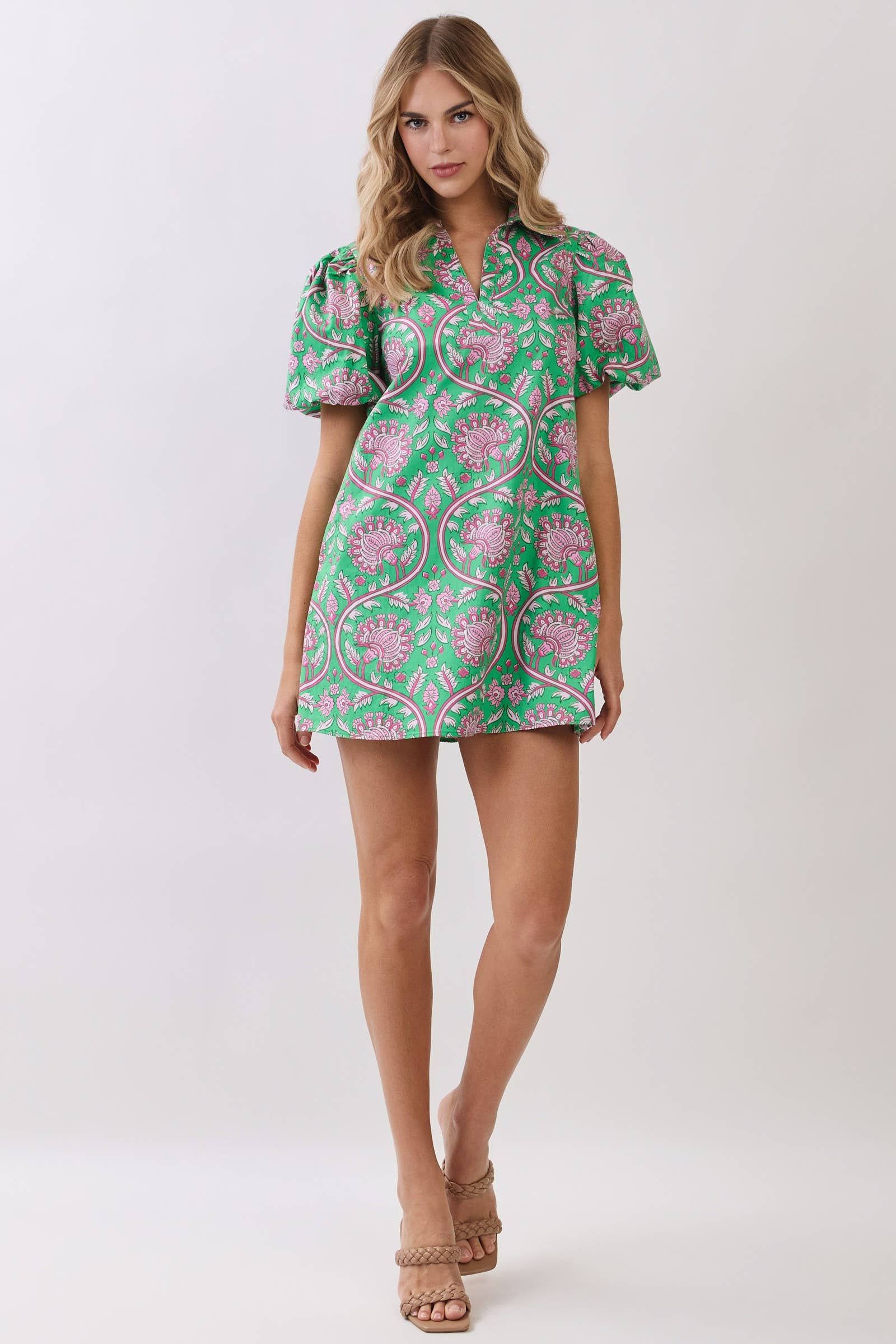 Paisley Print Puff Sleeve Mini Dress