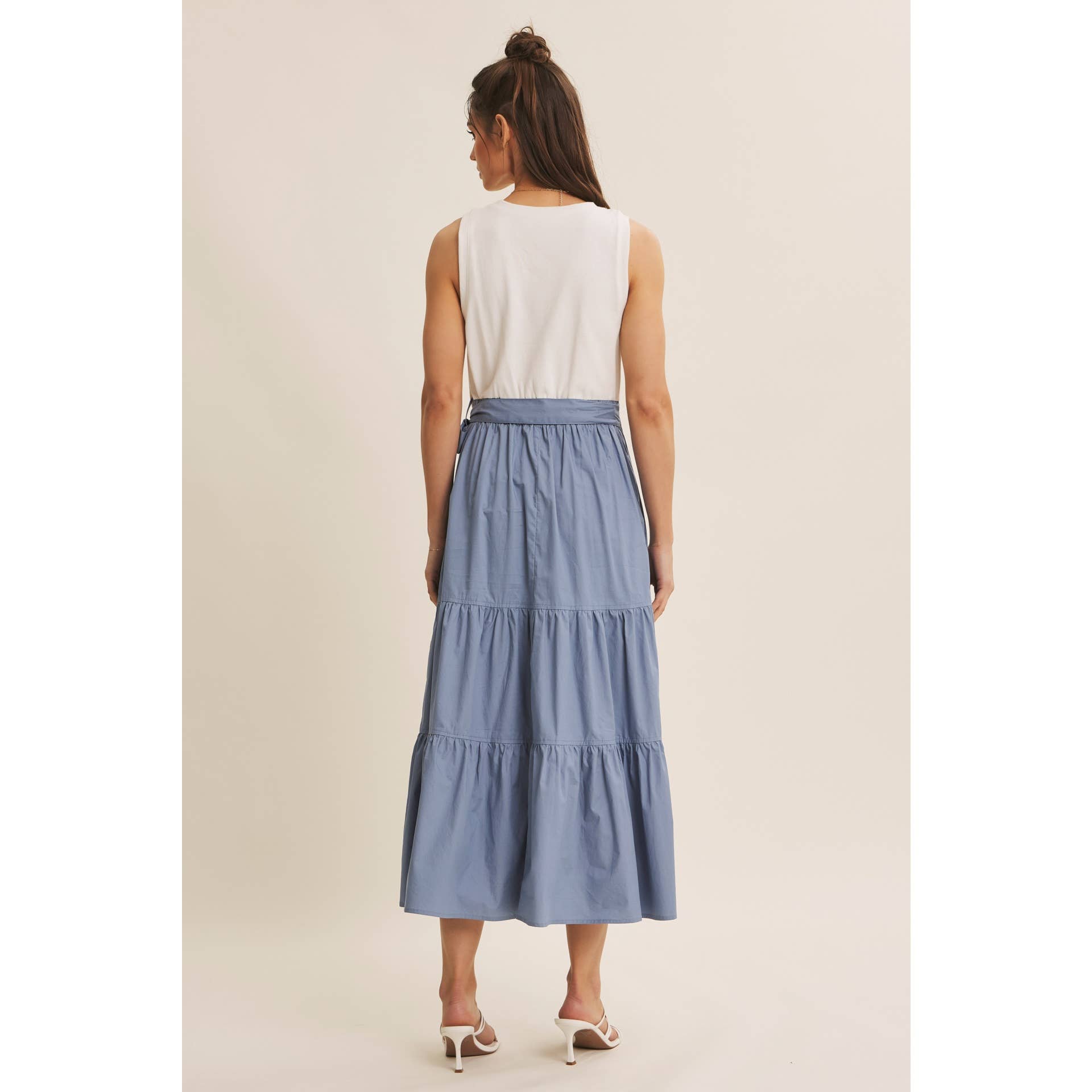 TIERED WRAP MIDI DRESS