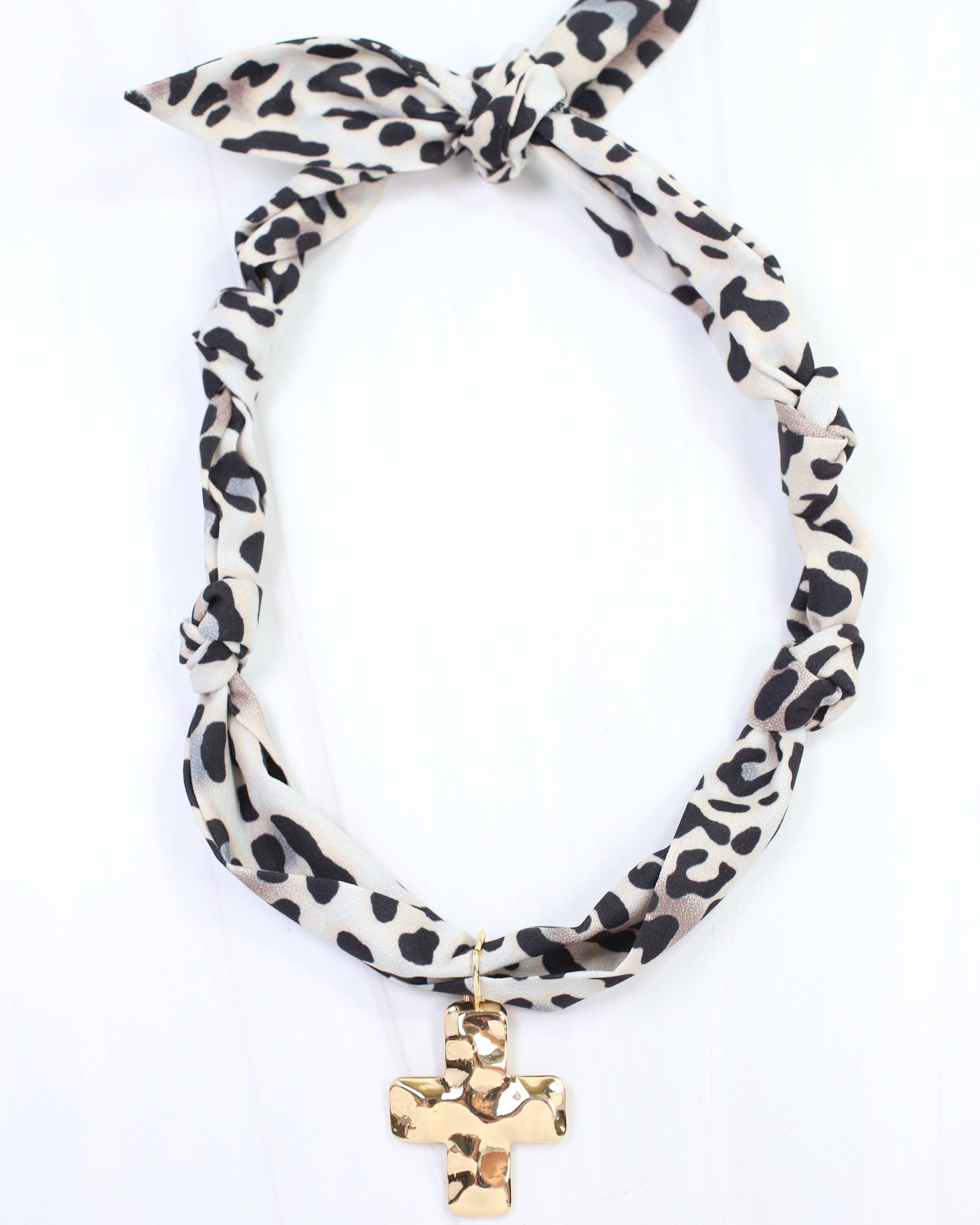 Elmhurst Cross Charm Scarf Necklace Taupe Leopard