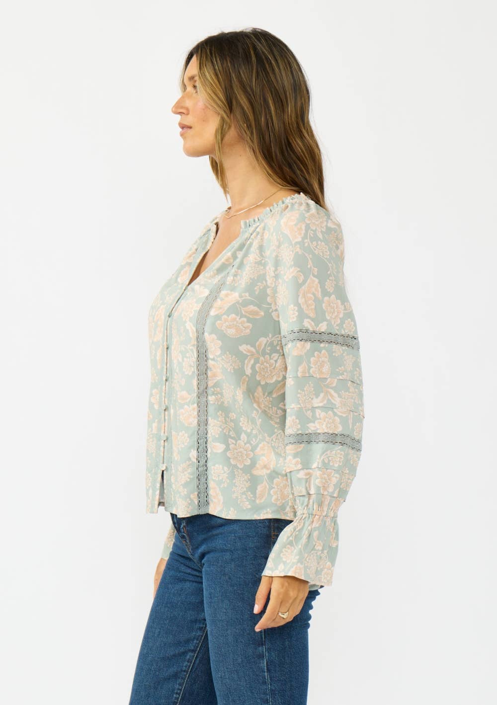 Button Front Blouse with Lace Trim