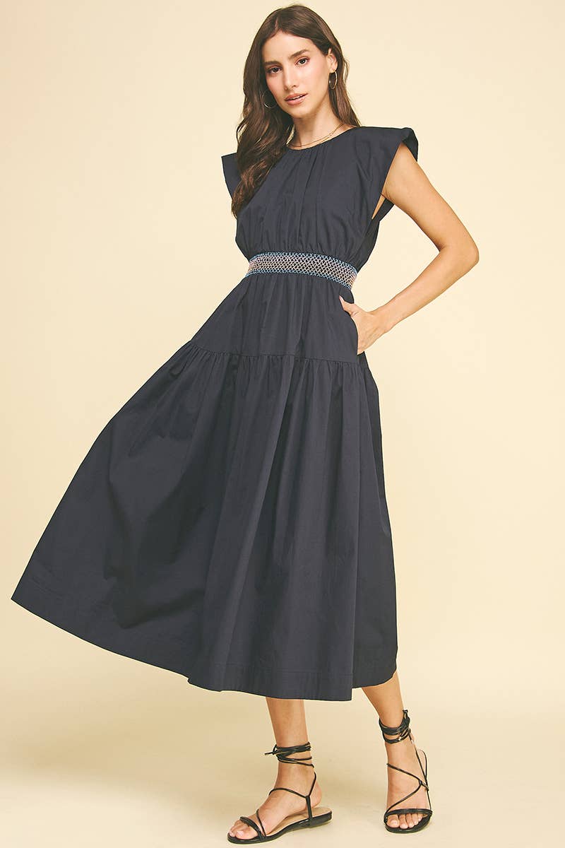 MIDI DRESS WITH SMOCKED WAISTBAND