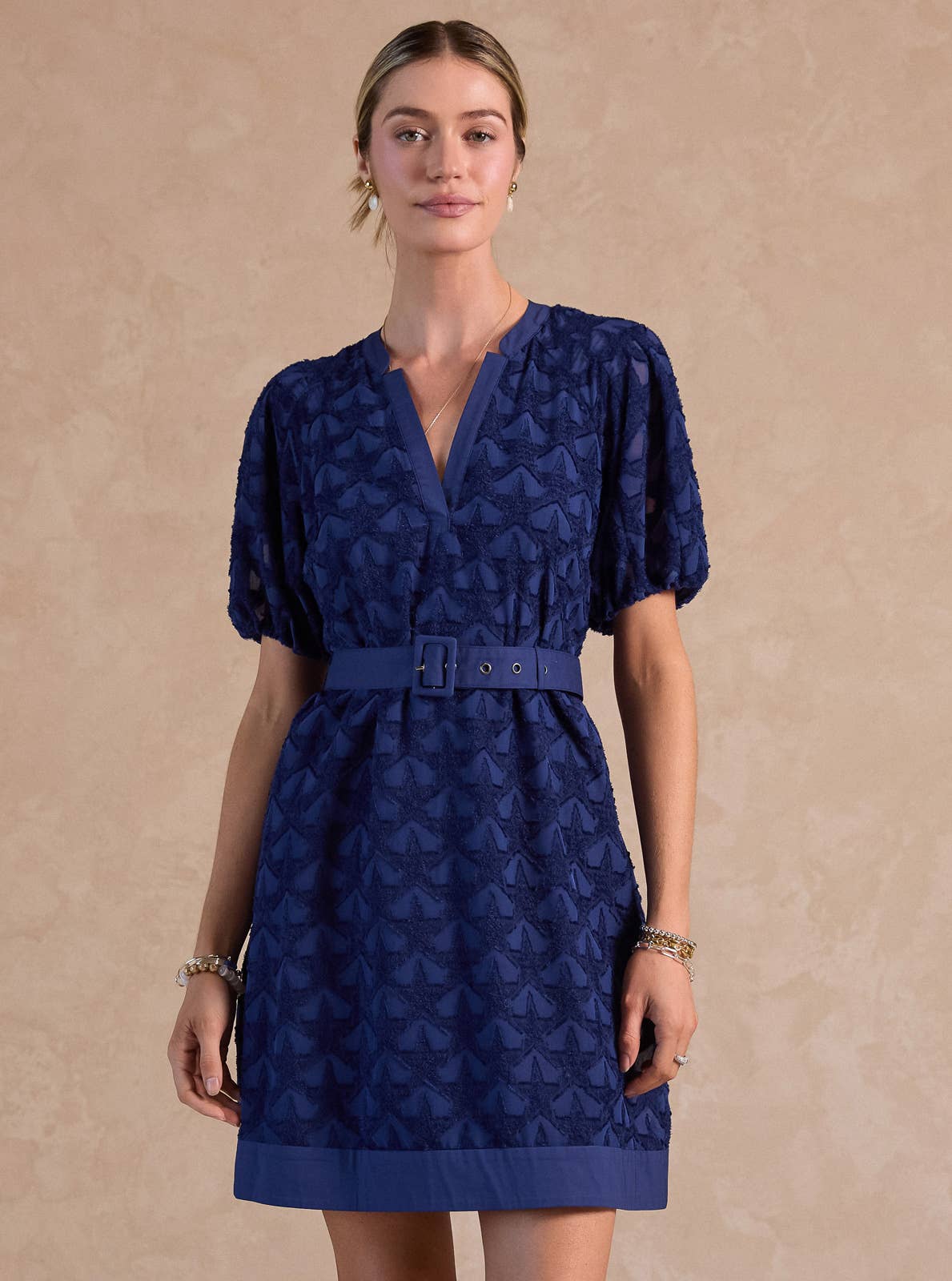 Textured Star Pattern Belted Mini Dress