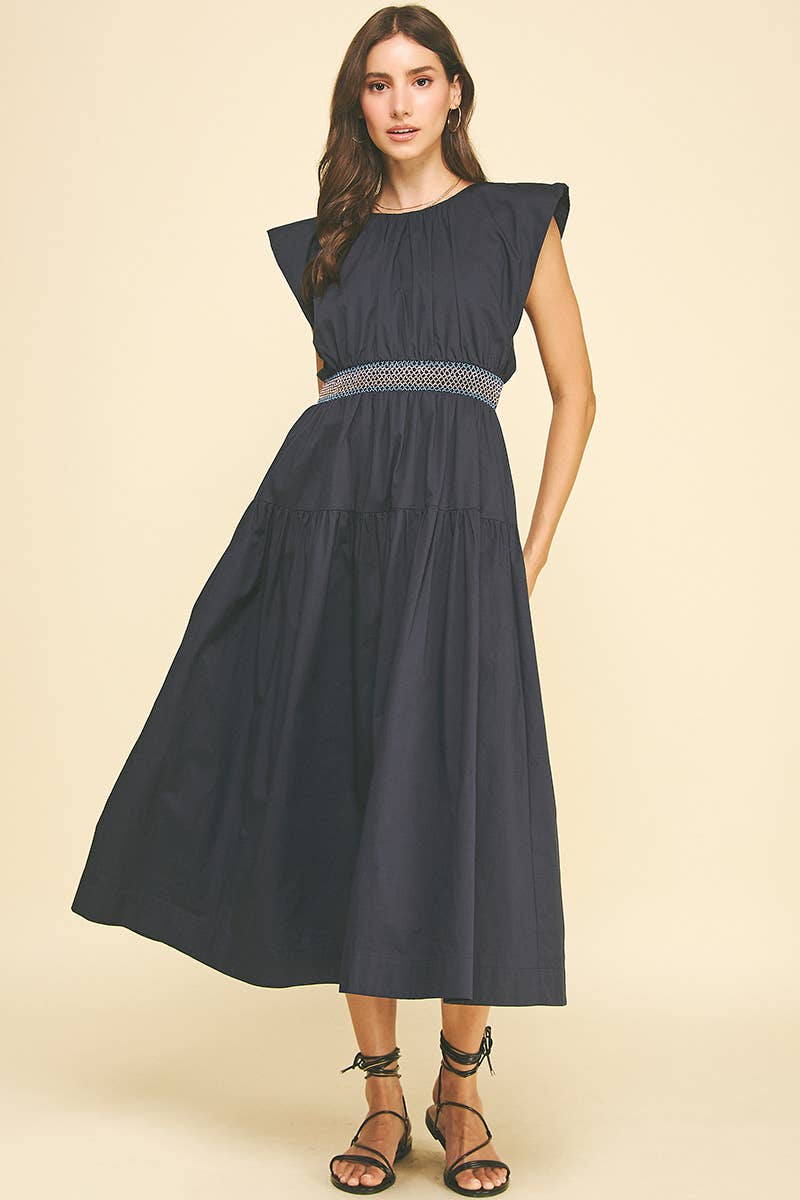 MIDI DRESS WITH SMOCKED WAISTBAND
