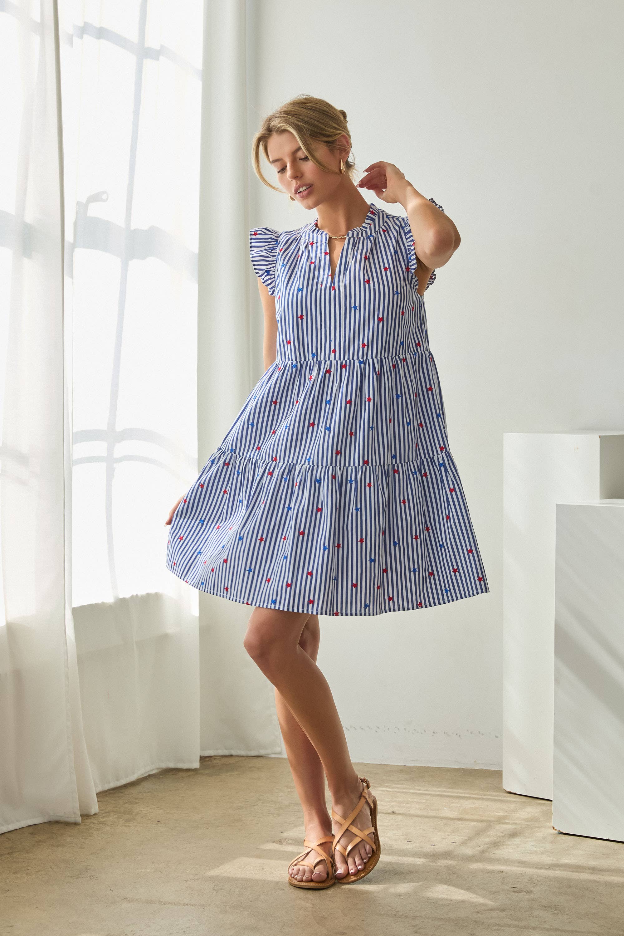 Striped Dress with Star Embroidery