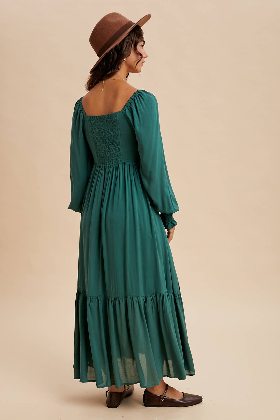 PLEATED SQUARE NECK MAXI DRESS