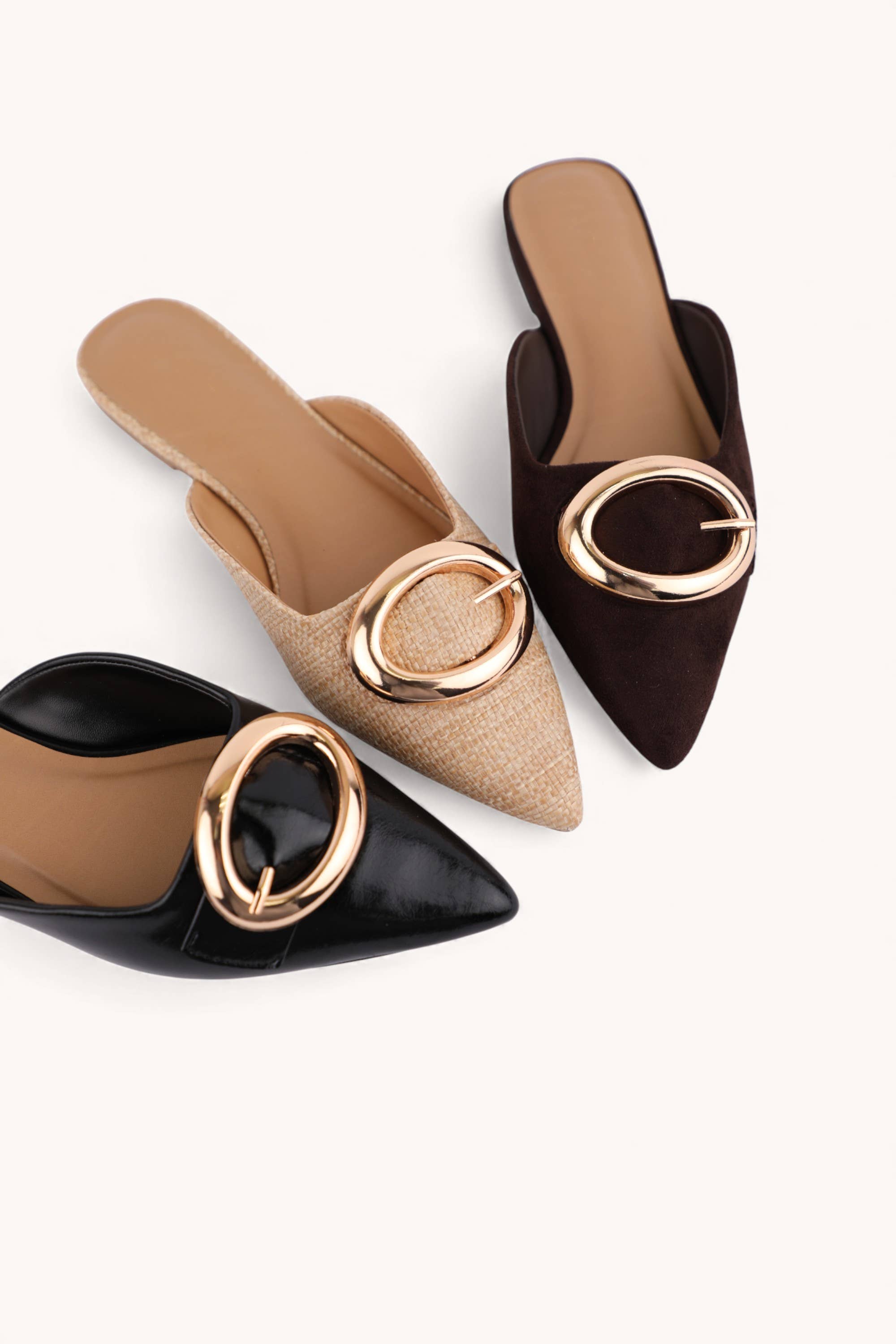 GOLD BUCKLE POINTED TOE MULES