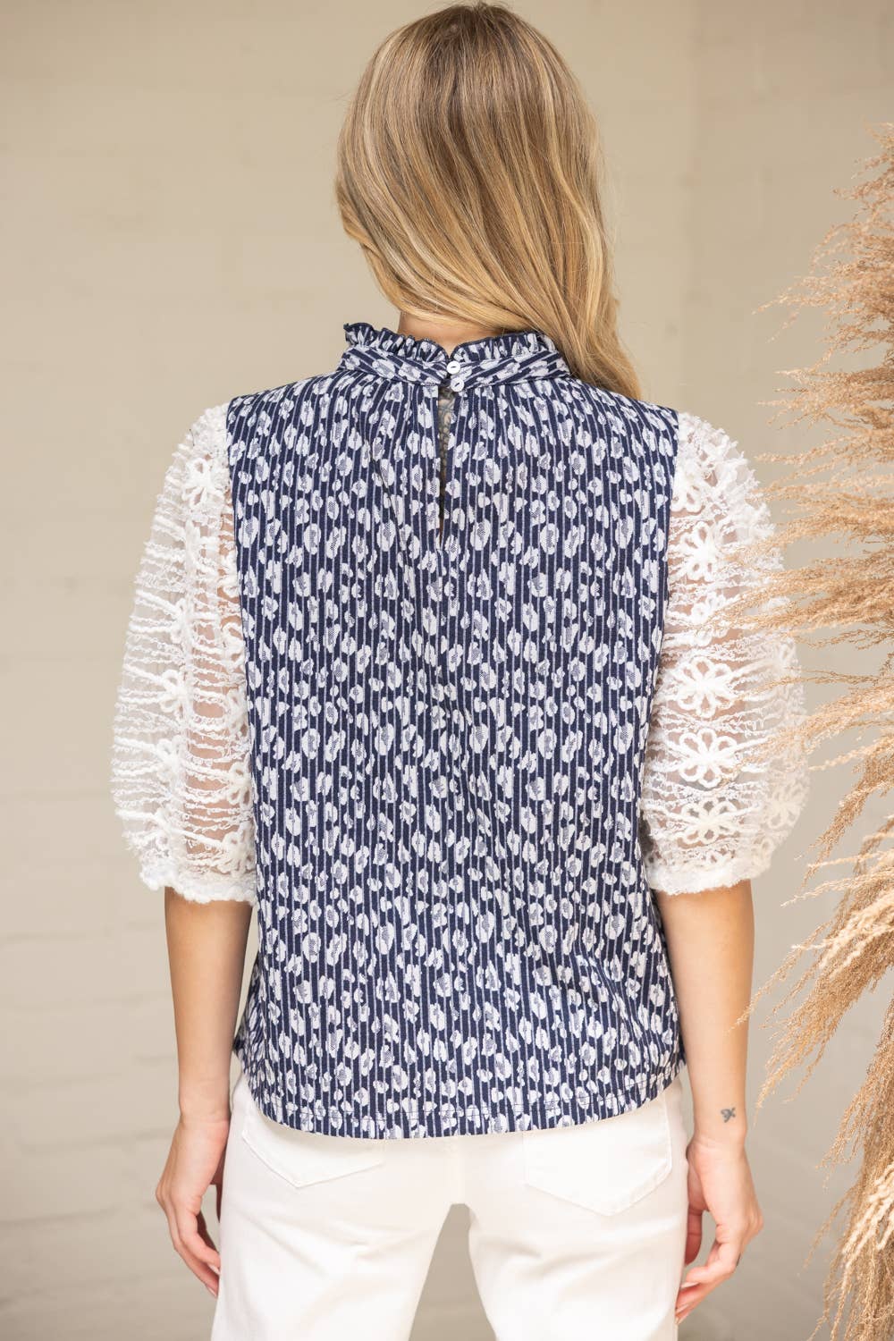 Lace Sleeve Animal Print Top