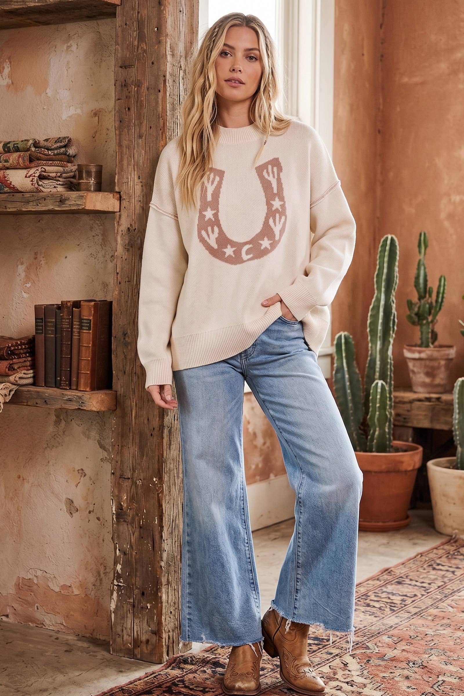 Western Horseshoe Cactus Knit Sweater