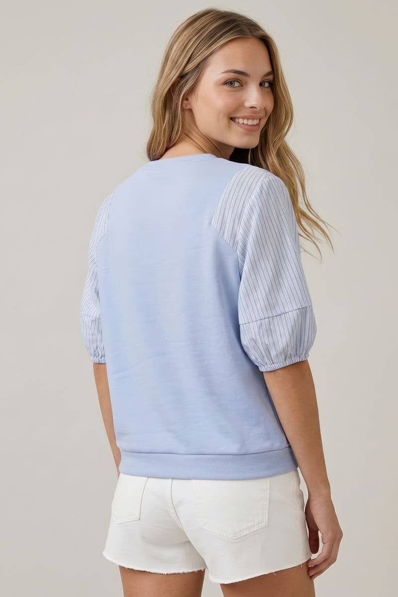STRIPE CONTRAST MIX PUFF SLEEVE TOP