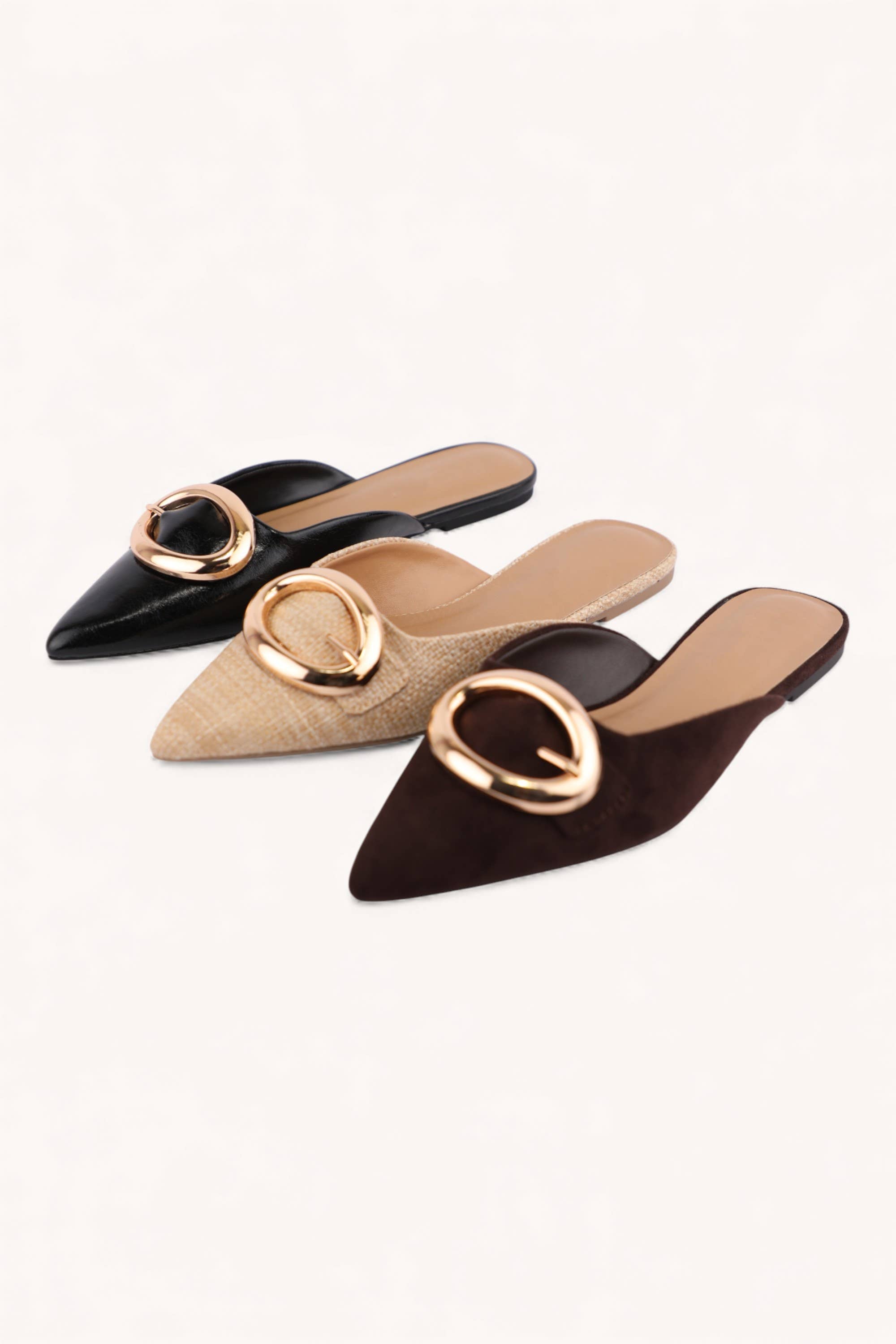GOLD BUCKLE POINTED TOE MULES