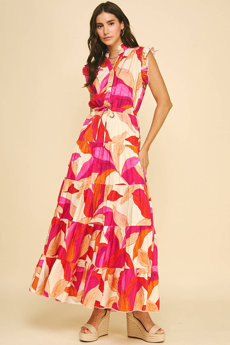 LEAF PRINT TIERED DRESS