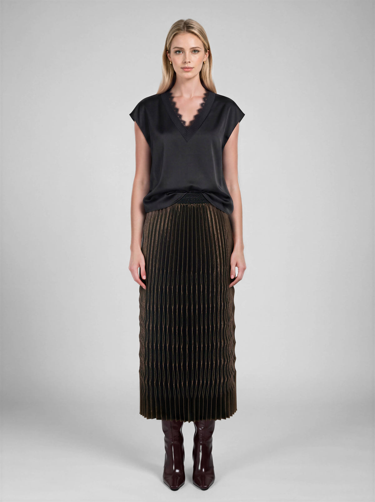Metallic Pleated Midi Skirt