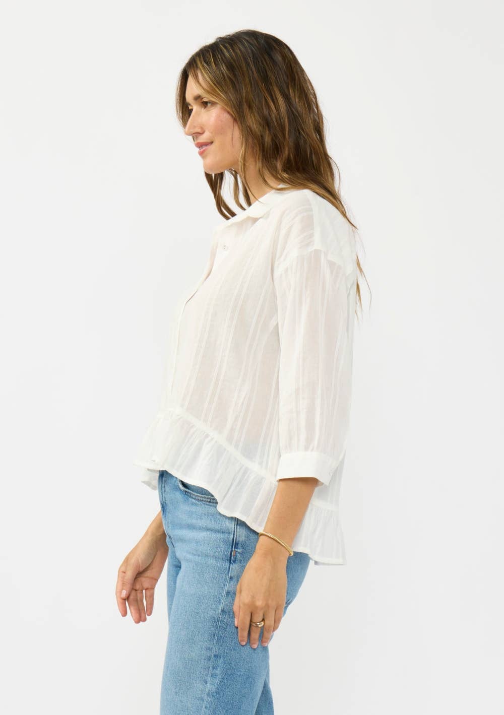 Embroidered Pintuck Button Down Top