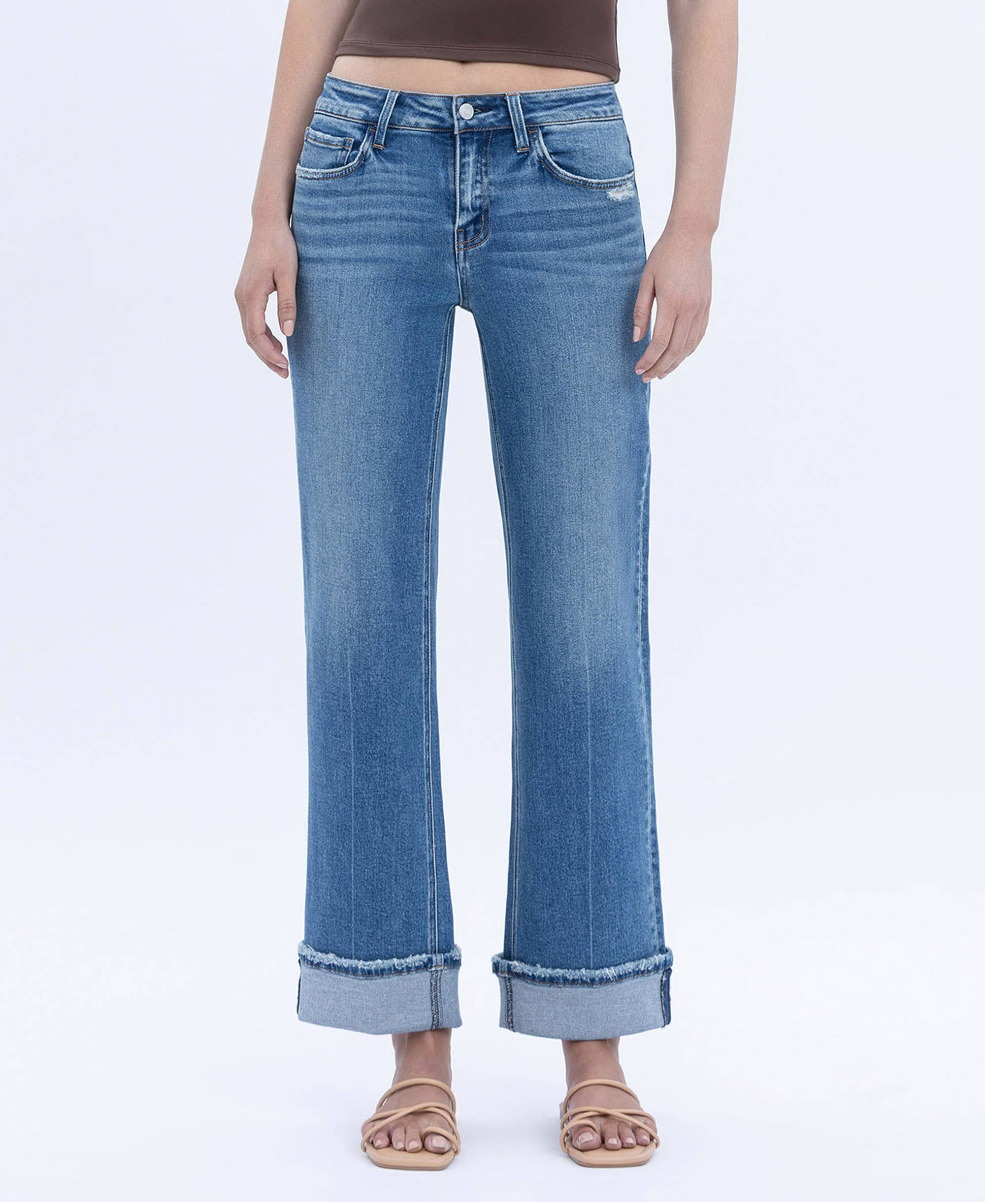 MID RISE CUFFED ANKLE SLIM WIDE JEANS