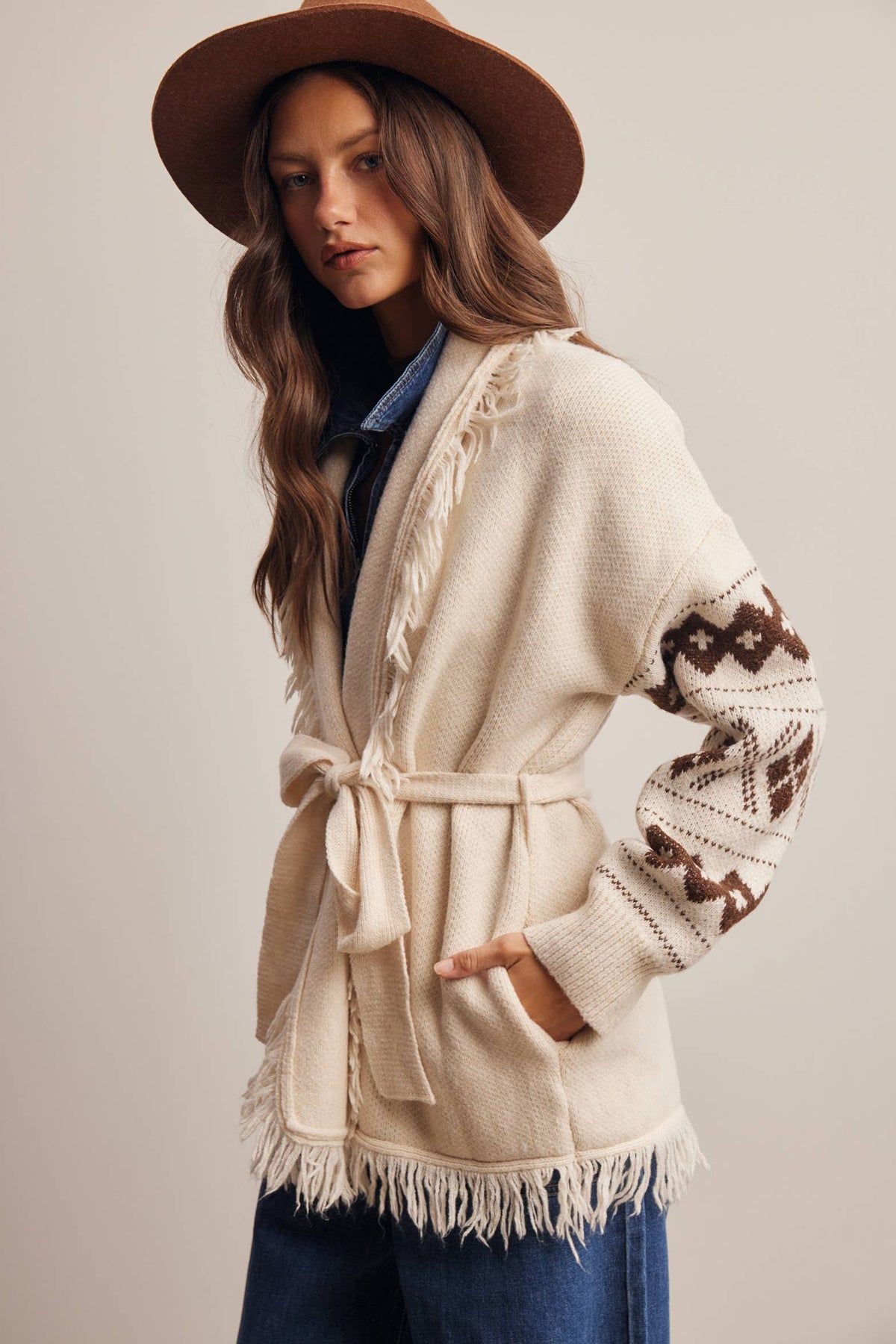 Fringe Trim Belted Western Cardigan
