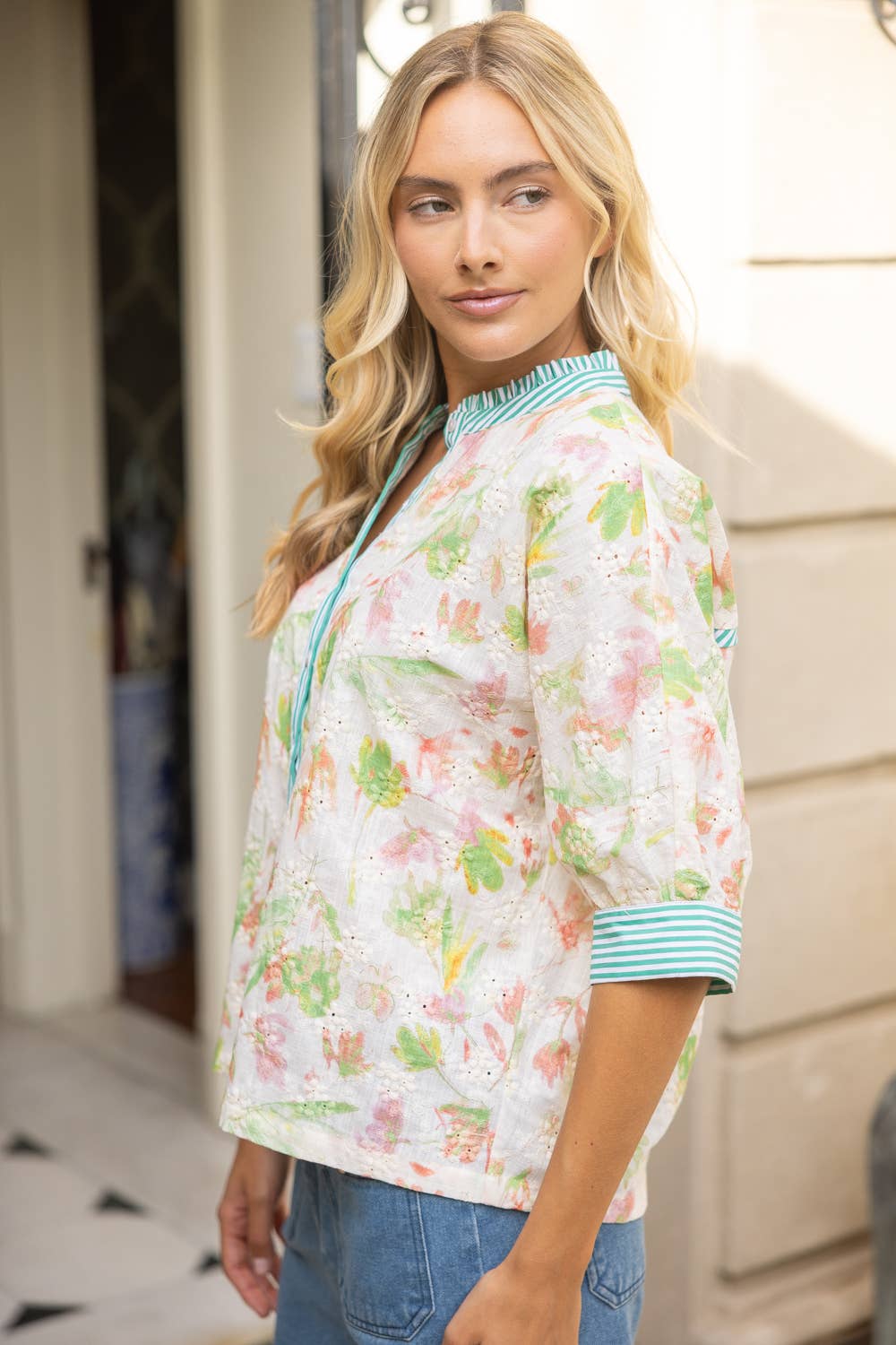 Stripe Contrast Floral Embroidered Top