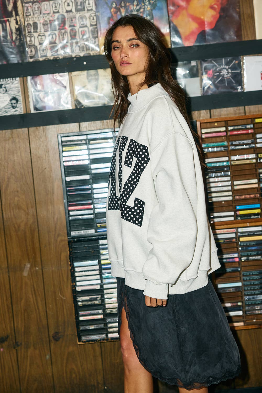 MIZ Polka-Dot Applique Mock-Neck Sweatshirt