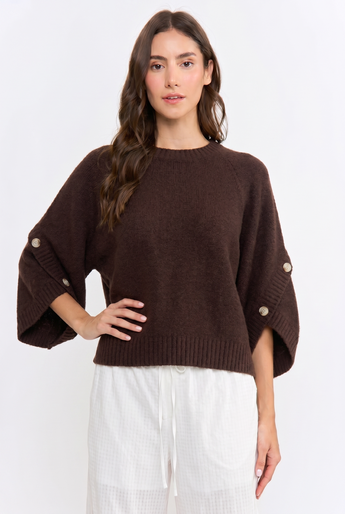 BUTTON SLEEVE KNIT PULLOVER