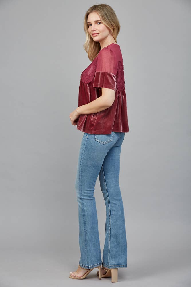 LACE DETAIL VELVET BABYDOLL TOP
