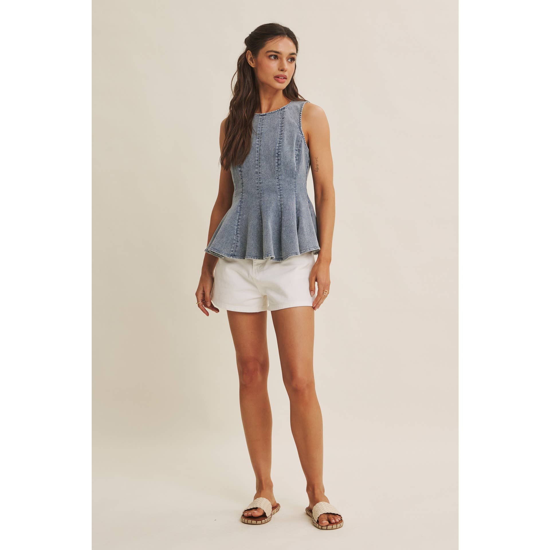 MINERAL-WASHED DENIM PEPLUM TOP
