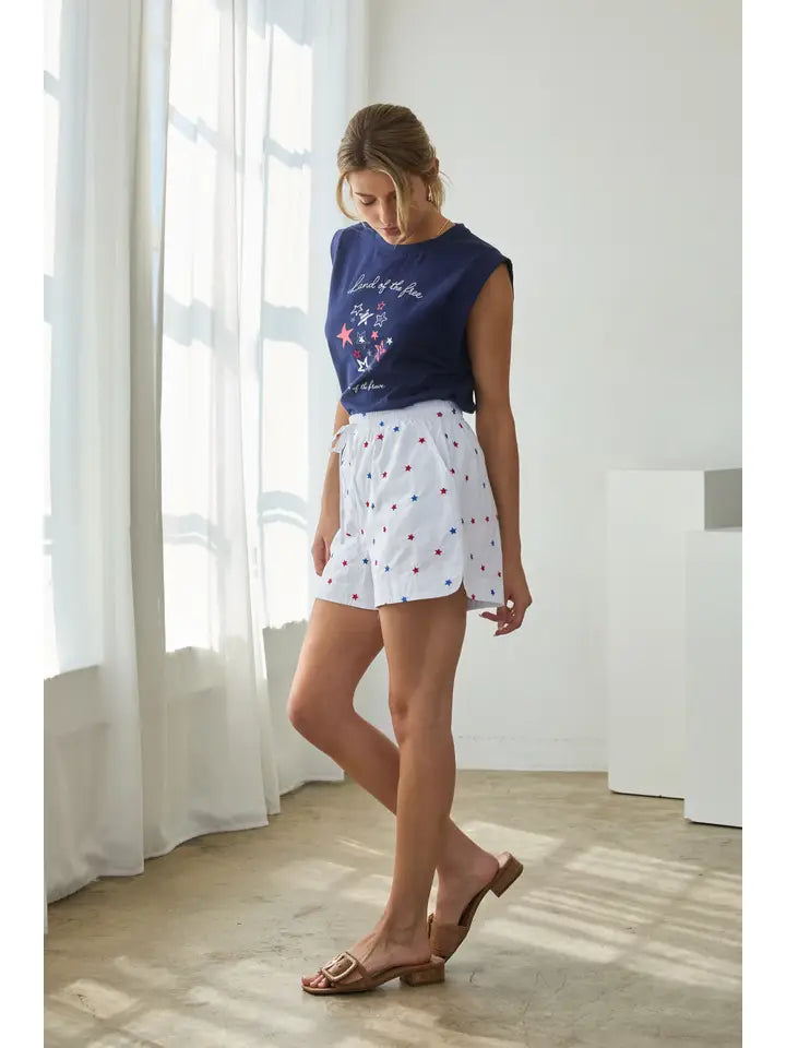 Striped Shorts with Star Embroidery