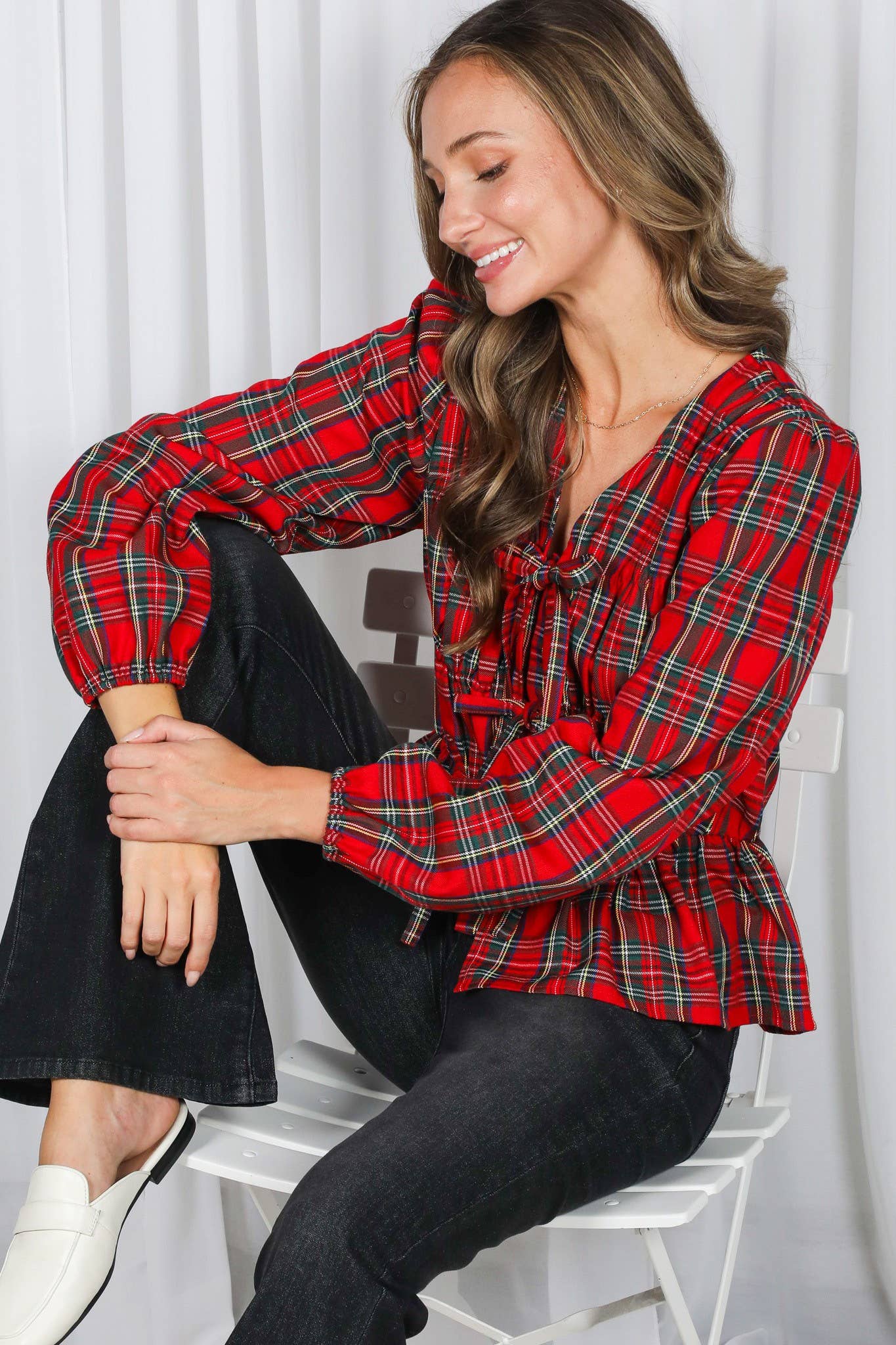 Tie Plaid Blouse