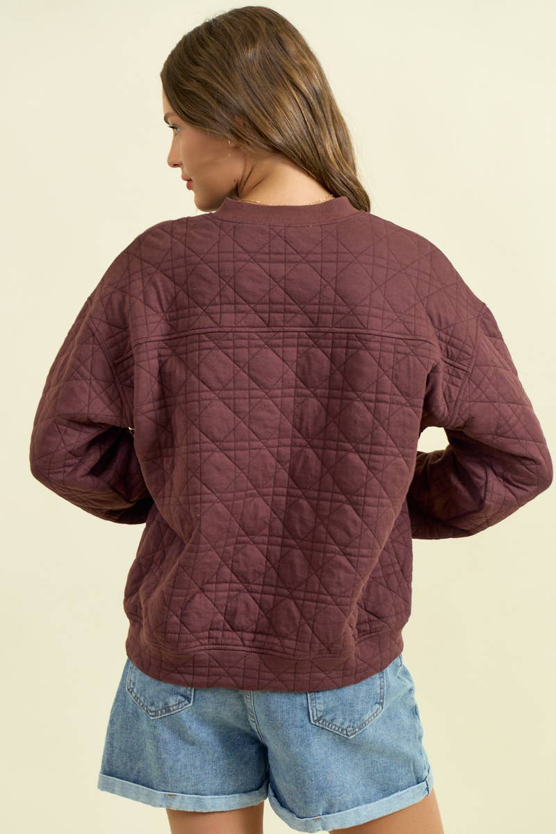 QUILTED BUTTON FRONT SWEATSHIRT