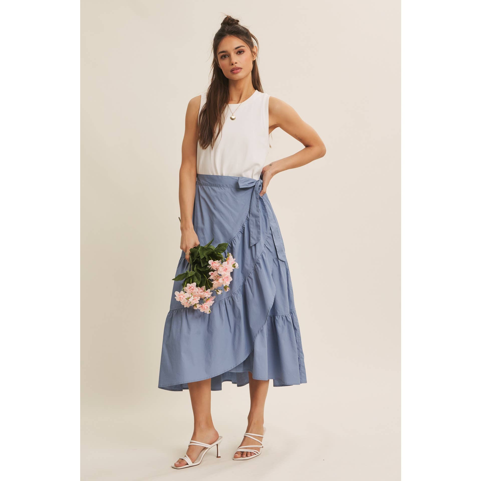 TIERED WRAP MIDI DRESS