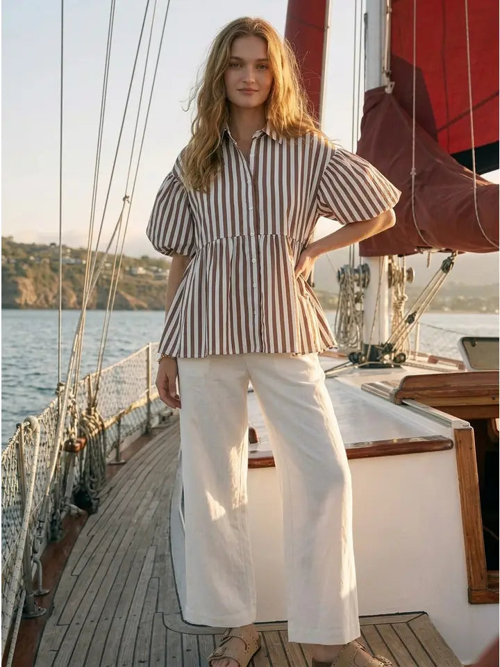 Bubble Sleeve Flowy Blouse Top