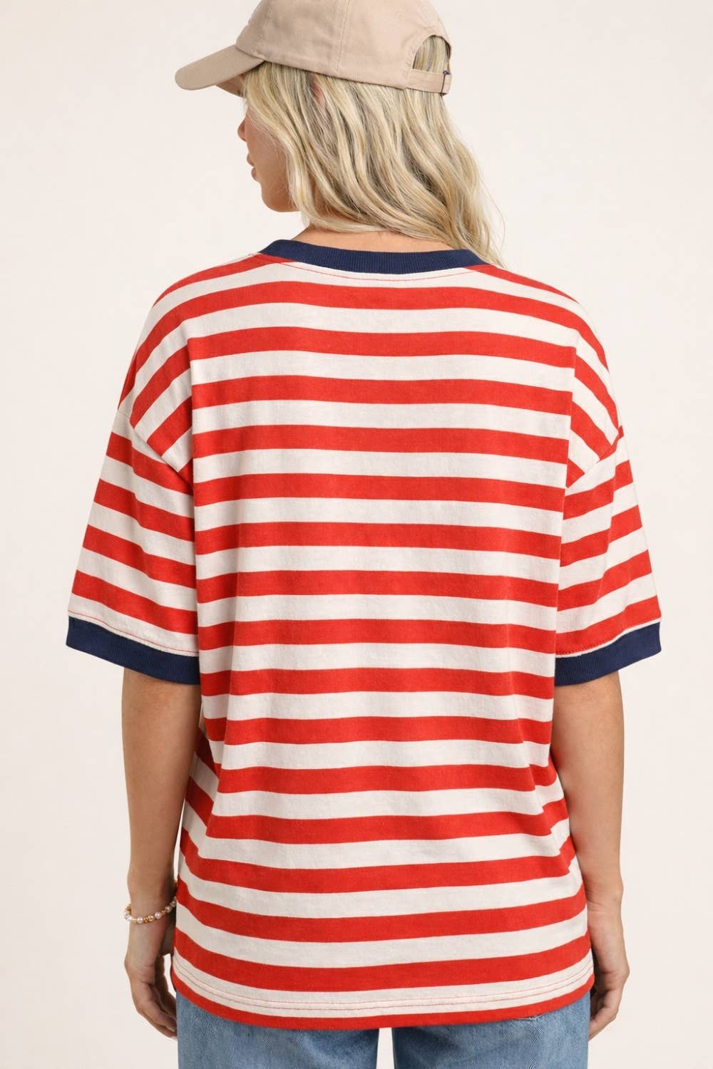 Red stripe tee with denim star patch