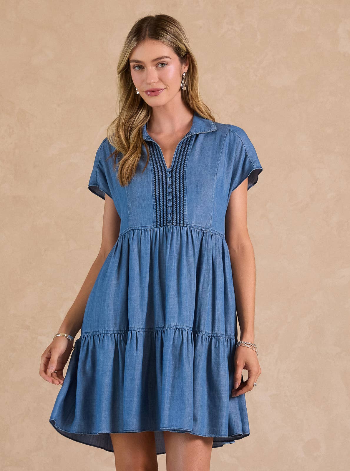 Chambray Tiered Mini Dress