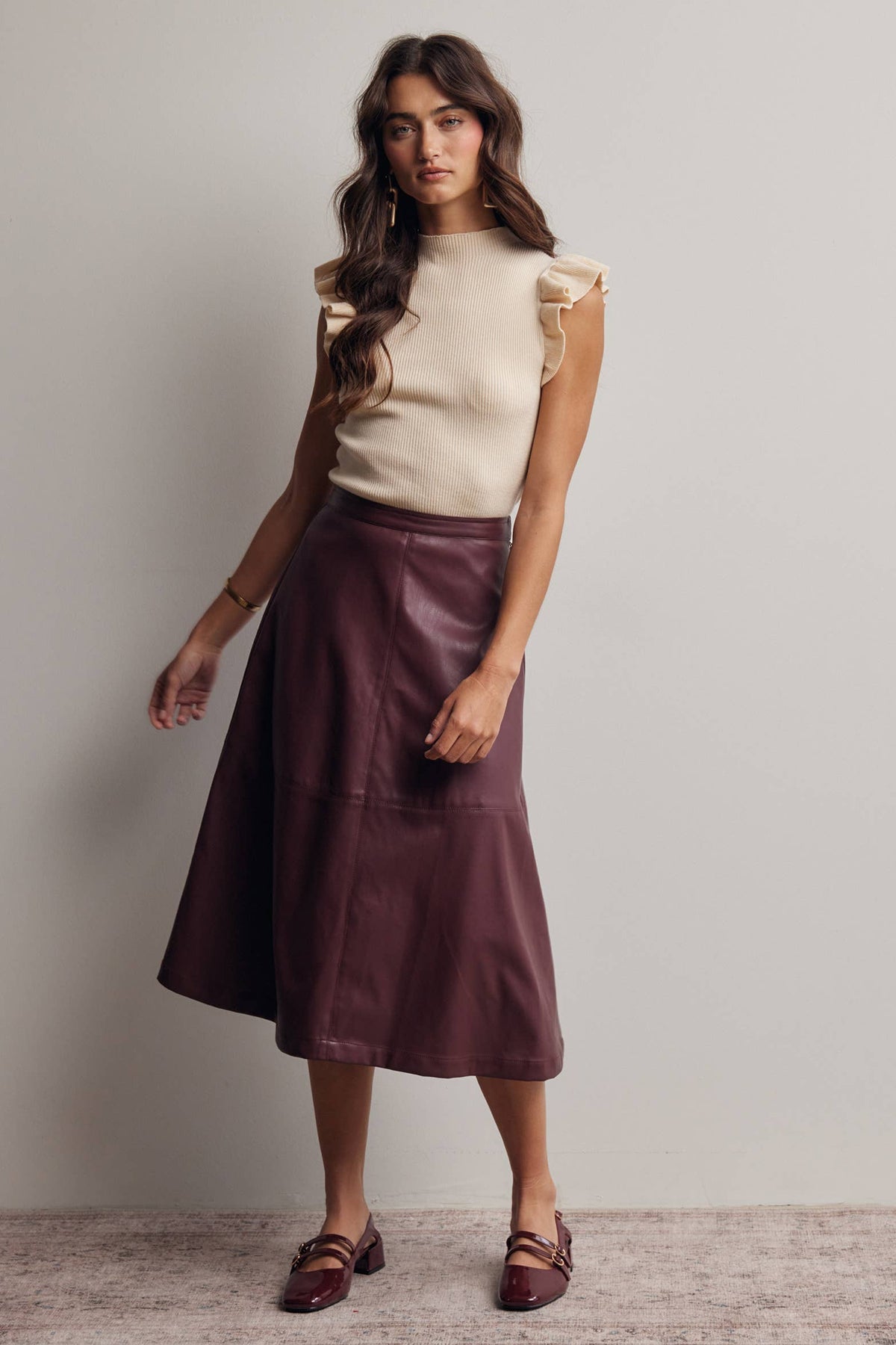 Faux Leather A-Line Midi Skirt