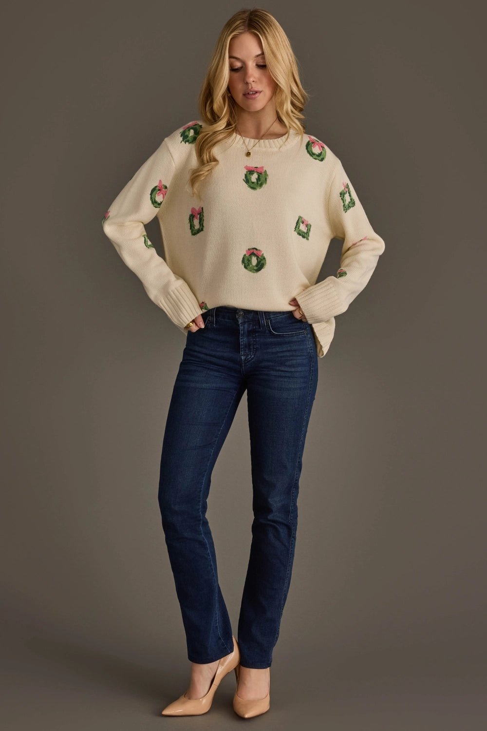 Ivory Wreath Sweater with Pink Bows