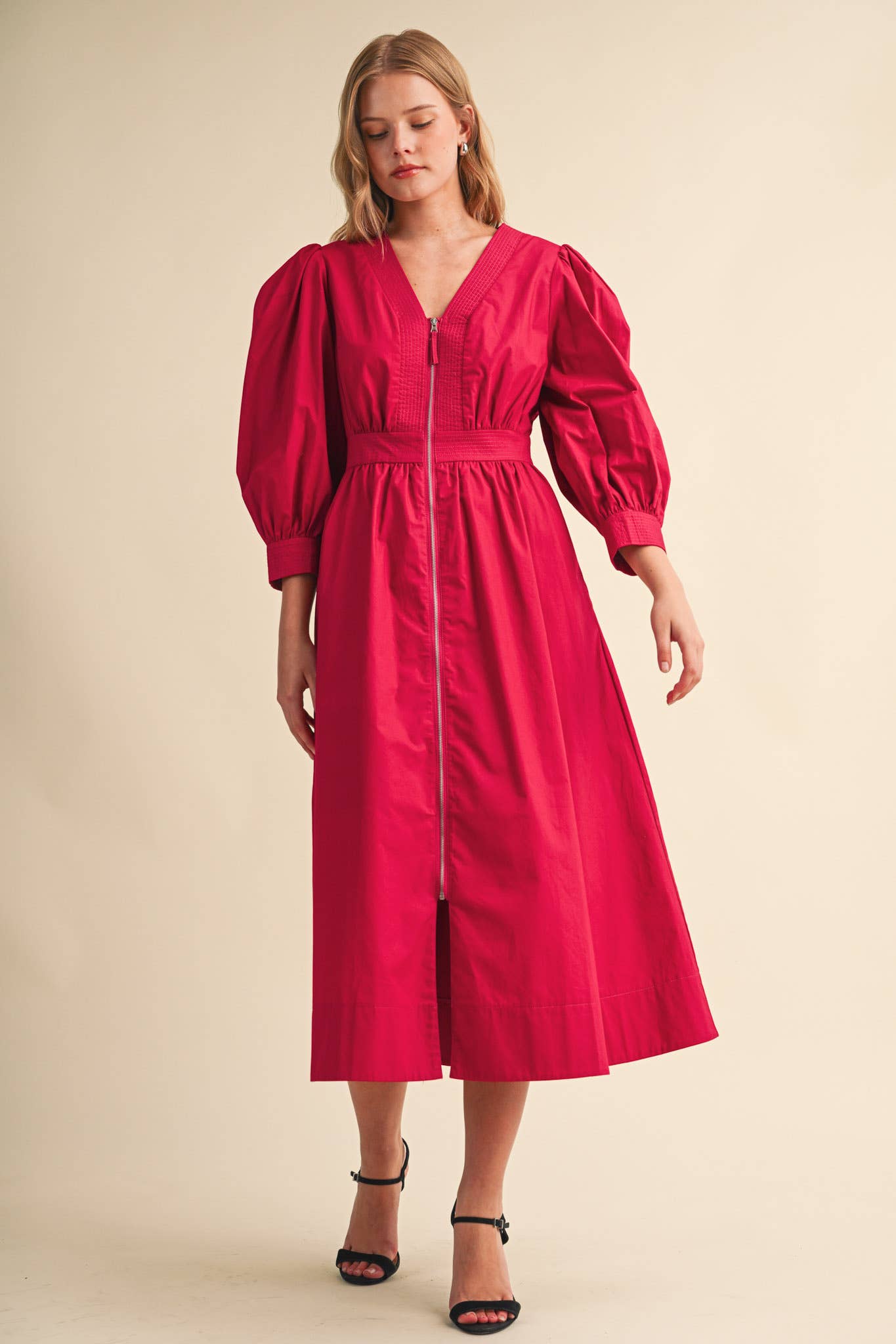 PUFF SLEEVE MIDI DRESS
