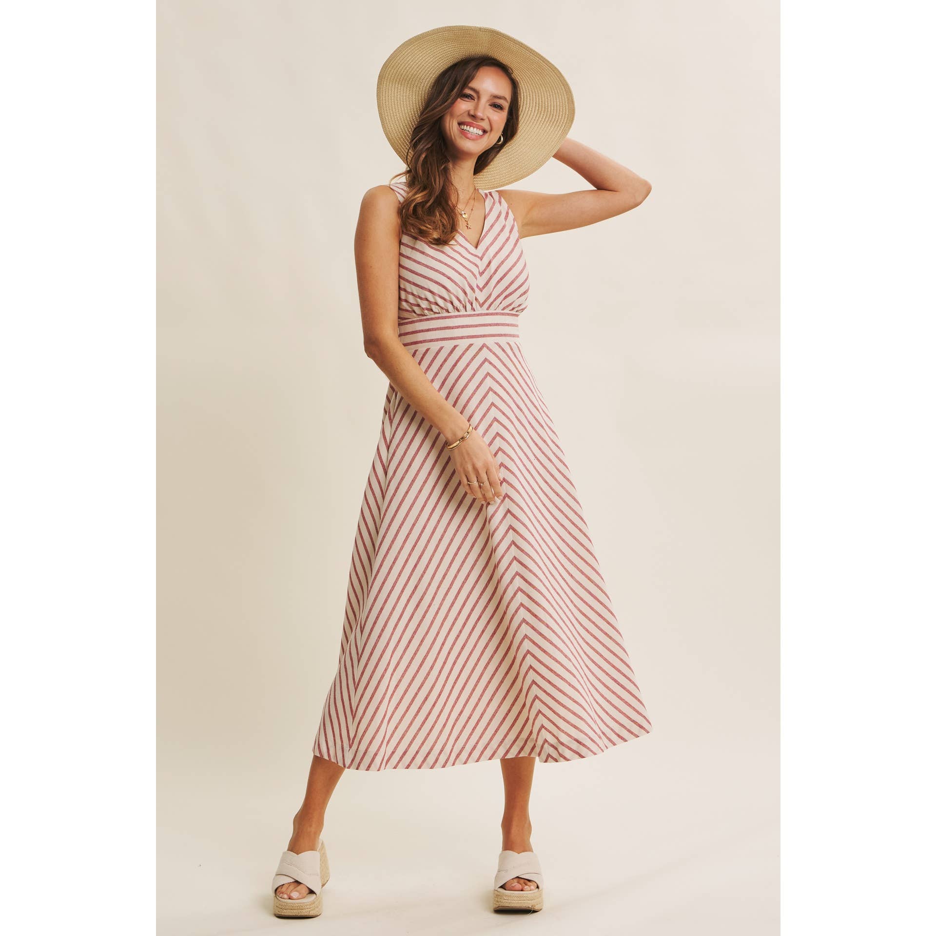 STRIPE FIT AND FLARE MIDI DRESS