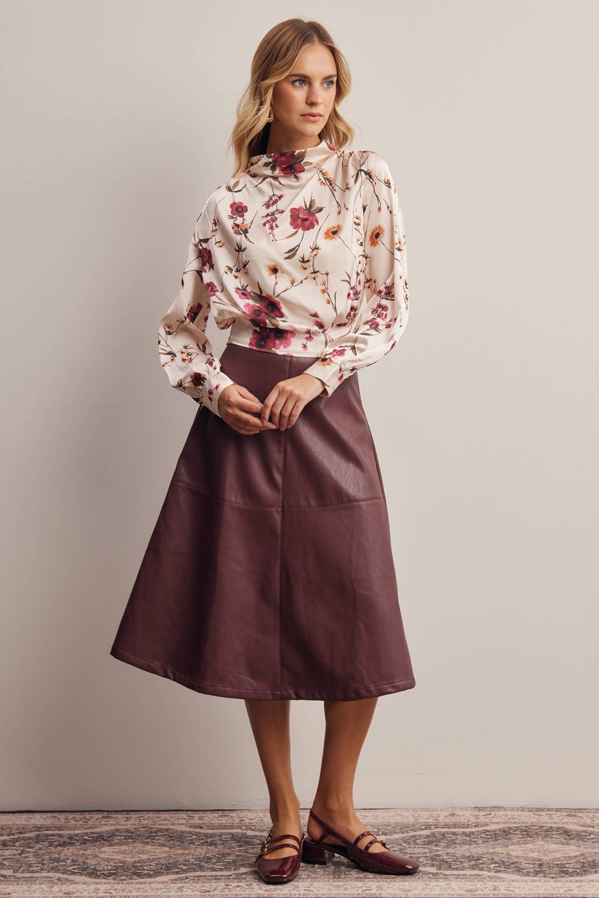 Floral Mock Neck Tie Back Blouse