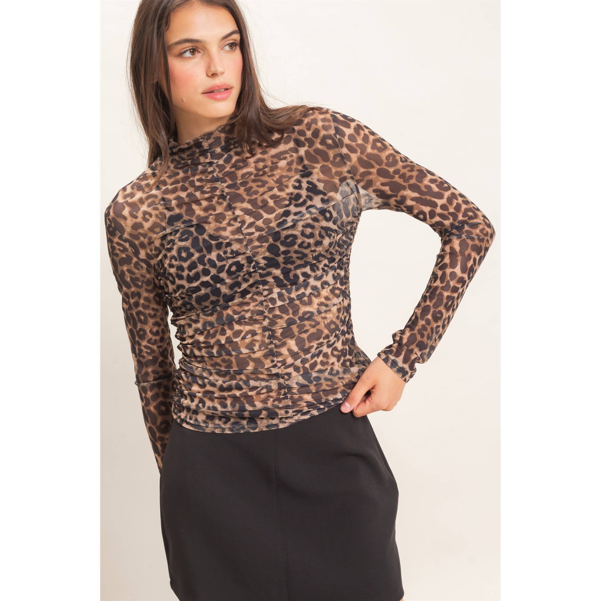 High Neck Leopard Mesh Top